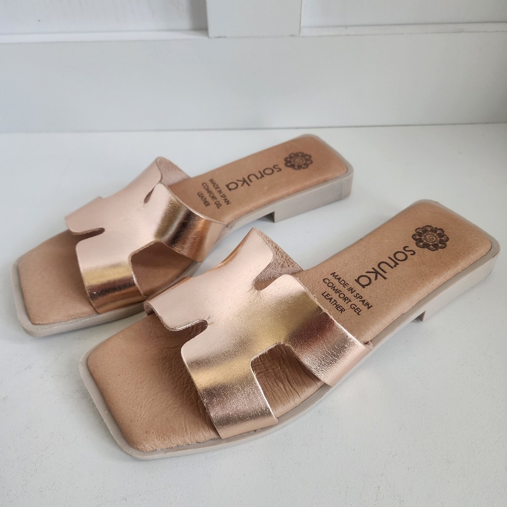 Soruka Rose Gold Metallic Leather H-Strap Slide Sandals Spain EU 37 / US 6.5